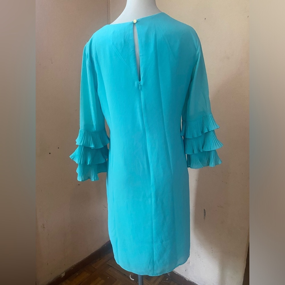 Vince Camuto Blue Sheath Dress with Bell Sleeves Wedding Guest - Picture 5 of 13